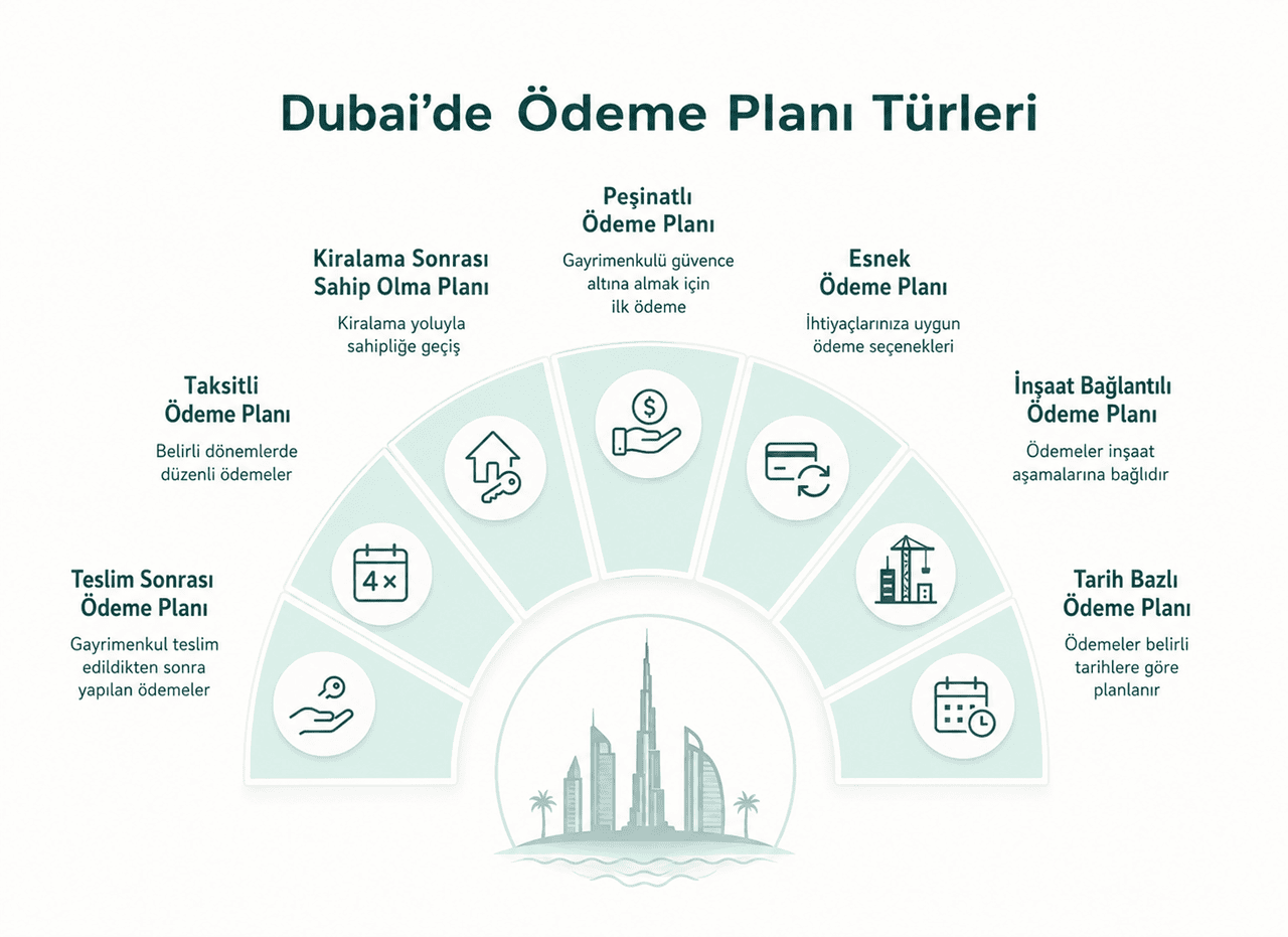 Dubai’deki gayrimenkul geliştiricilerinin sunduğu ödeme planı türlerini gösteren infografik
