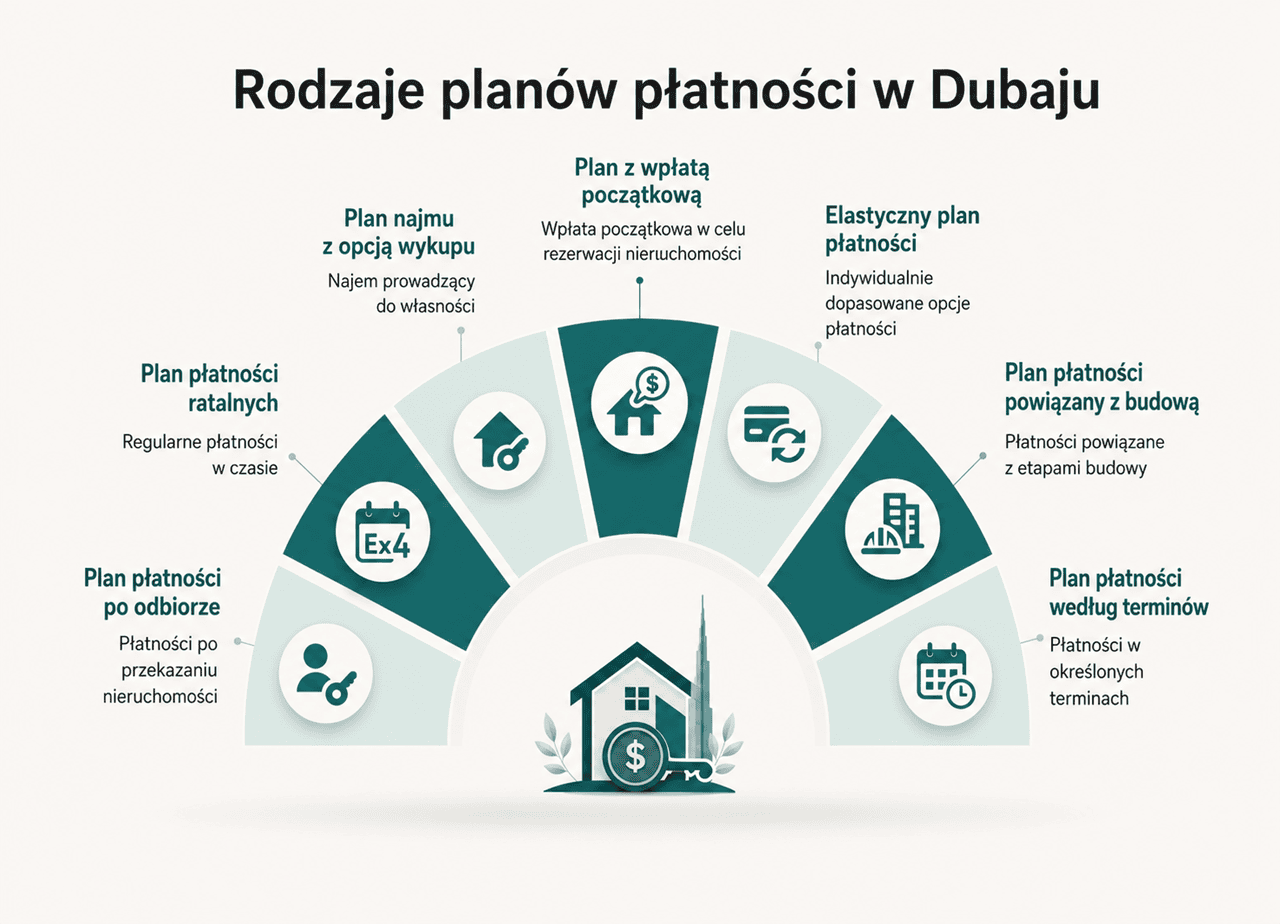 Infografika przedstawiająca rodzaje planów płatności oferowanych przez deweloperów nieruchomości w Dubaju