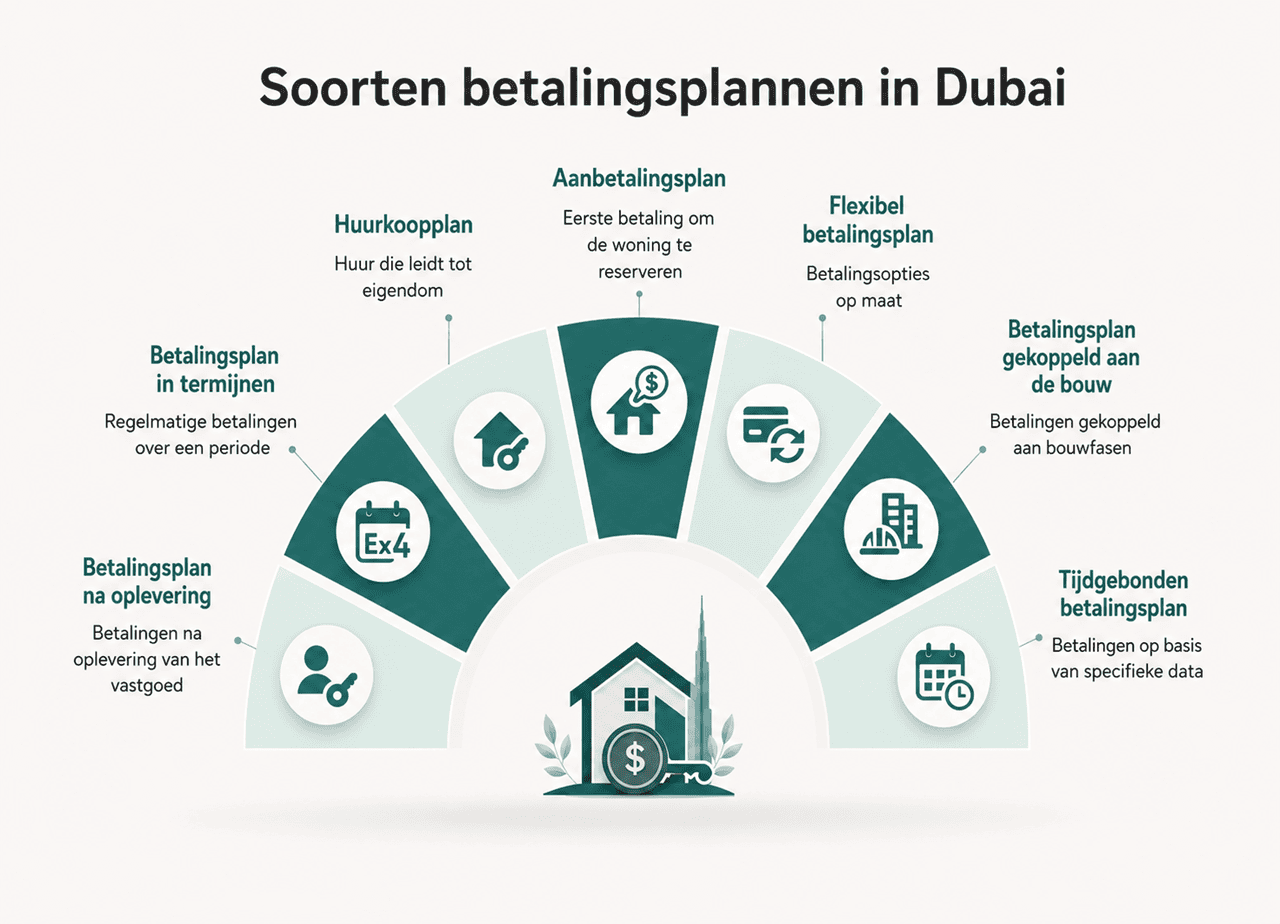 Infographic over soorten betalingsplannen die door vastgoedontwikkelaars in Dubai worden aangeboden