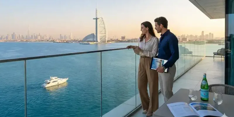 Real estate agent and buyer discussing Dubai property purchase with Burj Al Arab and waterfront skyline view