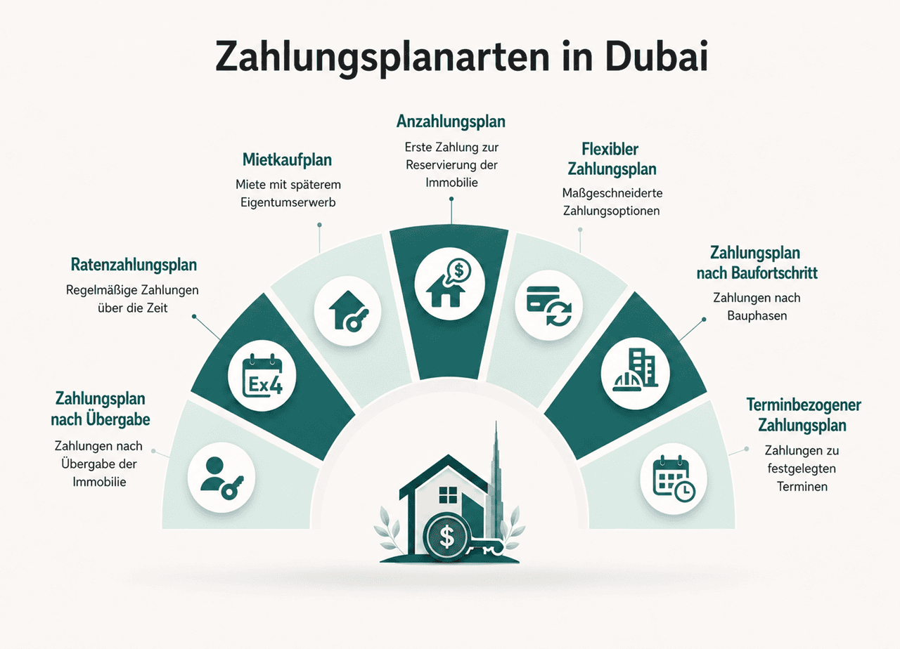 Infografik zu Zahlungsplanarten, die von Immobilienentwicklern in Dubai angeboten werden